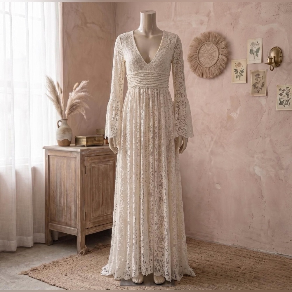 Boho Lace Maxi Dress - Cream V-Neck